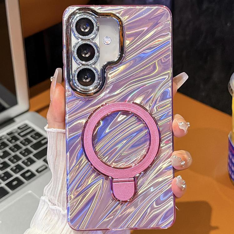 For Samsung Galaxy S24 5G Electroplated Glitter Lens Film Texture Magnetic Metal Pivot Holder Shockproof Phone Case