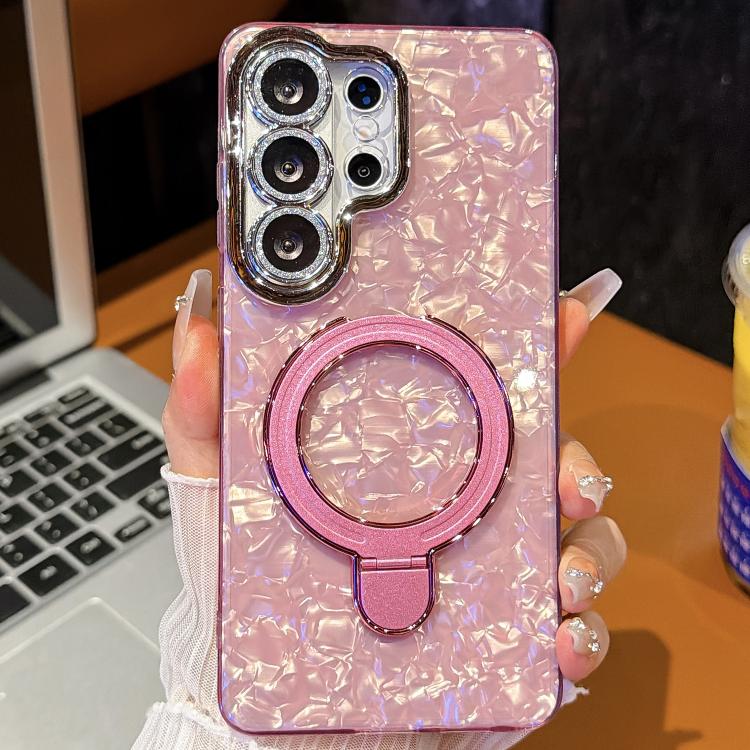 For Samsung Galaxy S23 Ultra 5G Electroplated Glitter Lens Film Texture Magnetic Metal Pivot Holder Shockproof Phone Case