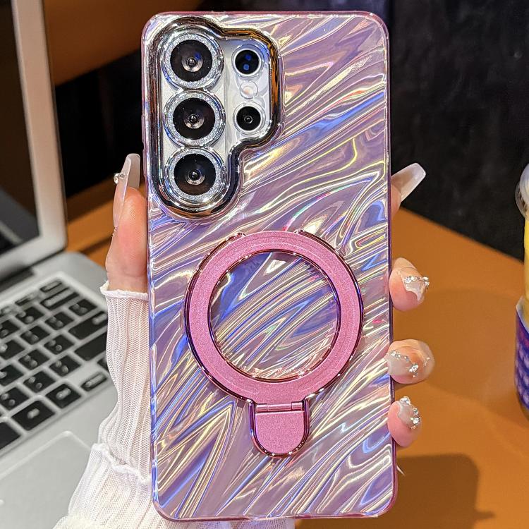 For Samsung Galaxy S23 Ultra 5G Electroplated Glitter Lens Film Texture Magnetic Metal Pivot Holder Shockproof Phone Case