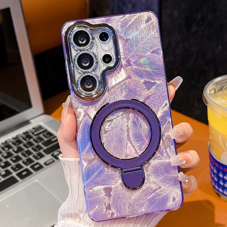 For Samsung Galaxy S23 Ultra 5G Electroplated Glitter Lens Film Texture Magnetic Metal Pivot Holder Shockproof Phone Case
