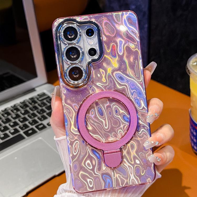 For Samsung Galaxy S23 Ultra 5G Electroplated Glitter Lens Film Texture Magnetic Metal Pivot Holder Shockproof Phone Case