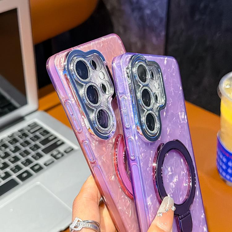 For Samsung Galaxy A35 5G Electroplated Glitter Lens Film Texture Magnetic Metal Pivot Holder Shockproof Phone Case