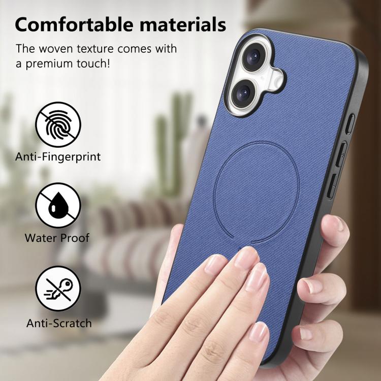 For iPhone 16 Plus Fabric Magnetic PU Back Cover Phone Case