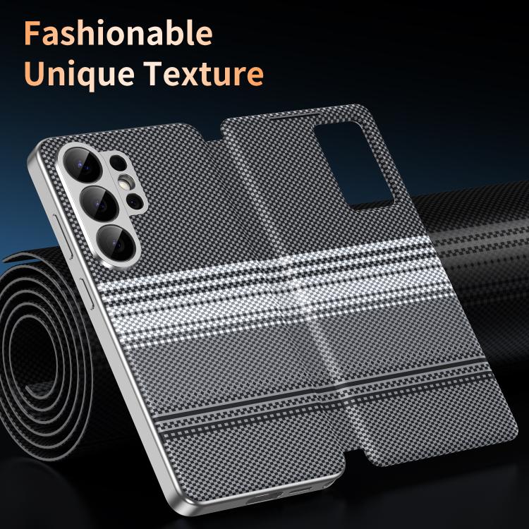 For Samsung Galaxy S26 Ultra 5G Rainbow Plaid Pattern Smart View Vegan Leather Phone Case