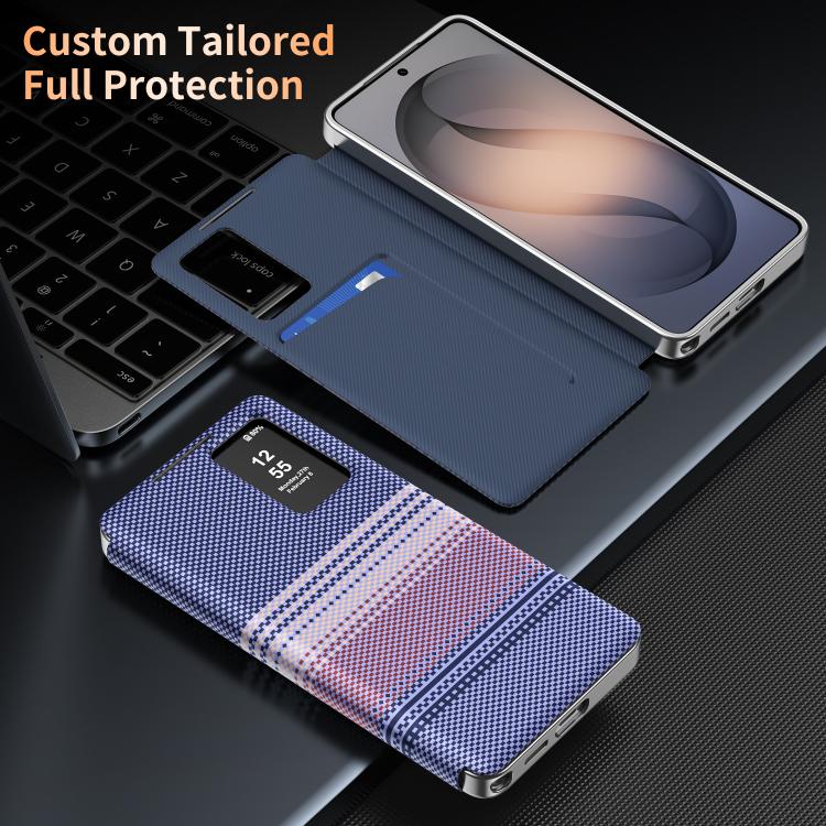 For Samsung Galaxy S26 Ultra 5G Rainbow Plaid Pattern Smart View Vegan Leather Phone Case