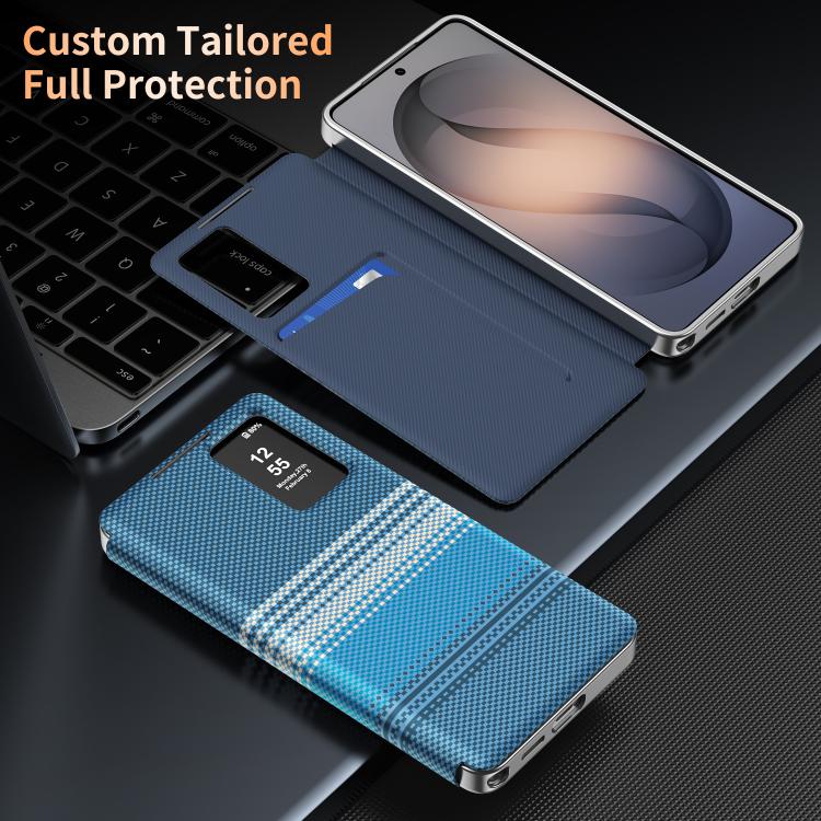 For Samsung Galaxy S24 Ultra 5G Rainbow Plaid Pattern Smart View Vegan Leather Phone Case