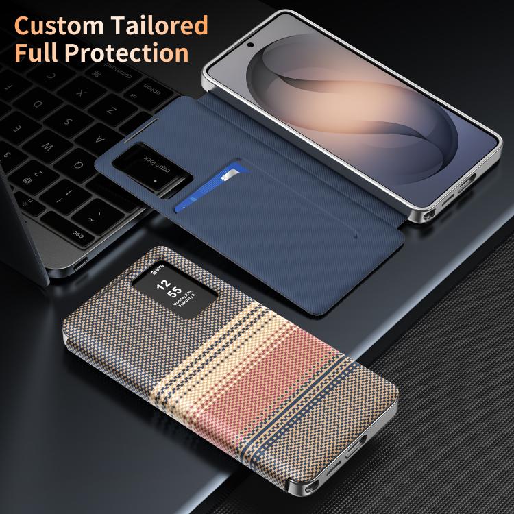 For Samsung Galaxy S25 Ultra 5G Rainbow Plaid Pattern Smart View Vegan Leather Phone Case