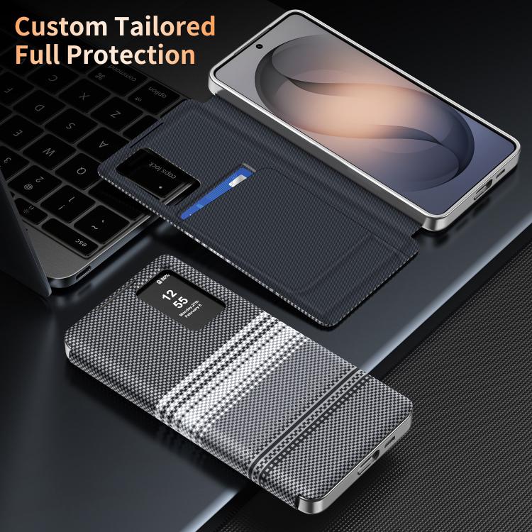 For Samsung Galaxy S25 Edge 5G Rainbow Plaid Pattern Smart View Vegan Leather Phone Case