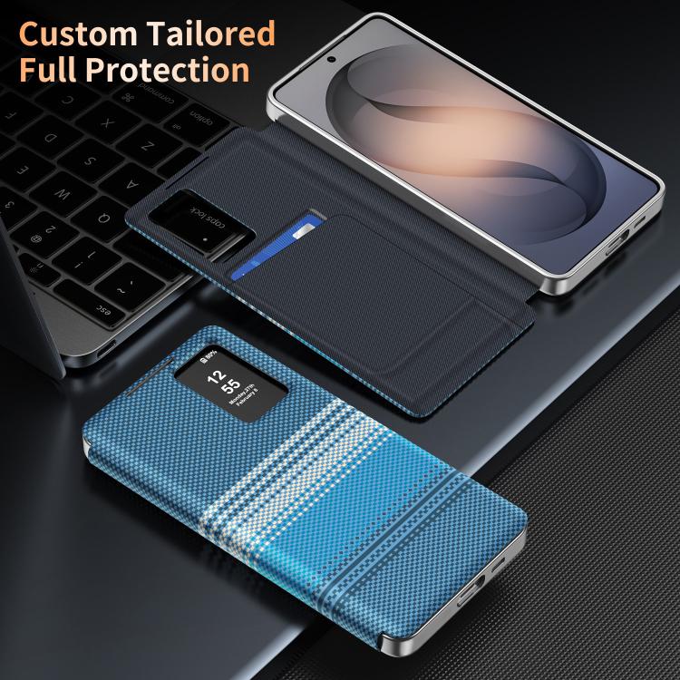 For Samsung Galaxy S25 Edge 5G Rainbow Plaid Pattern Smart View Vegan Leather Phone Case