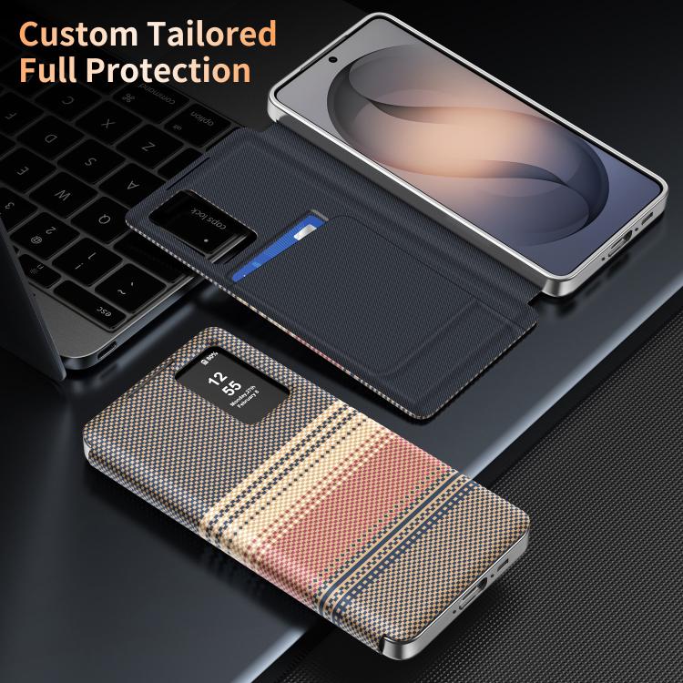 For Samsung Galaxy A37 5G Rainbow Plaid Pattern Smart View Vegan Leather Phone Case