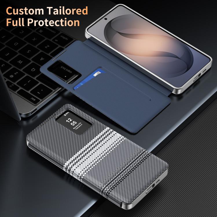 For Samsung Galaxy S26+ 5G Rainbow Plaid Pattern Smart View Vegan Leather Phone Case