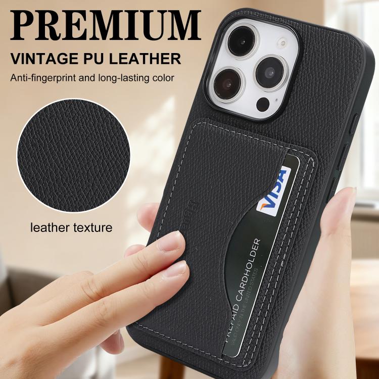 For iPhone 16 Pro Retro Vegan Leather Magnetic Card Holder Back Phone Case