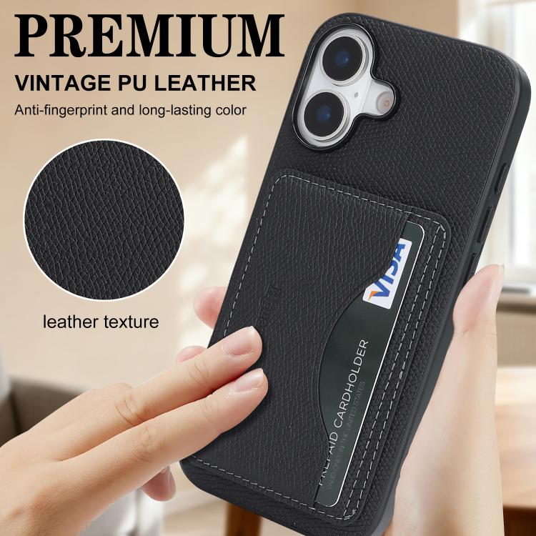 For iPhone 16 Plus Retro Vegan Leather Magnetic Card Holder Back Phone Case