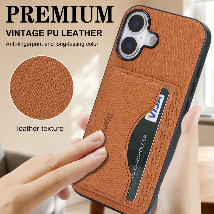 For iPhone 16 Plus Retro Vegan Leather Magnetic Card Holder Back Phone Case