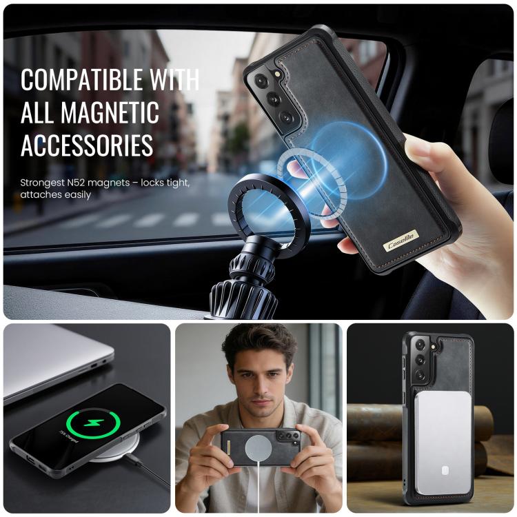 For Samsung Galaxy S21 FE 5G CaseMe C69 Series Magnetic Vegan Leather Back Phone Case