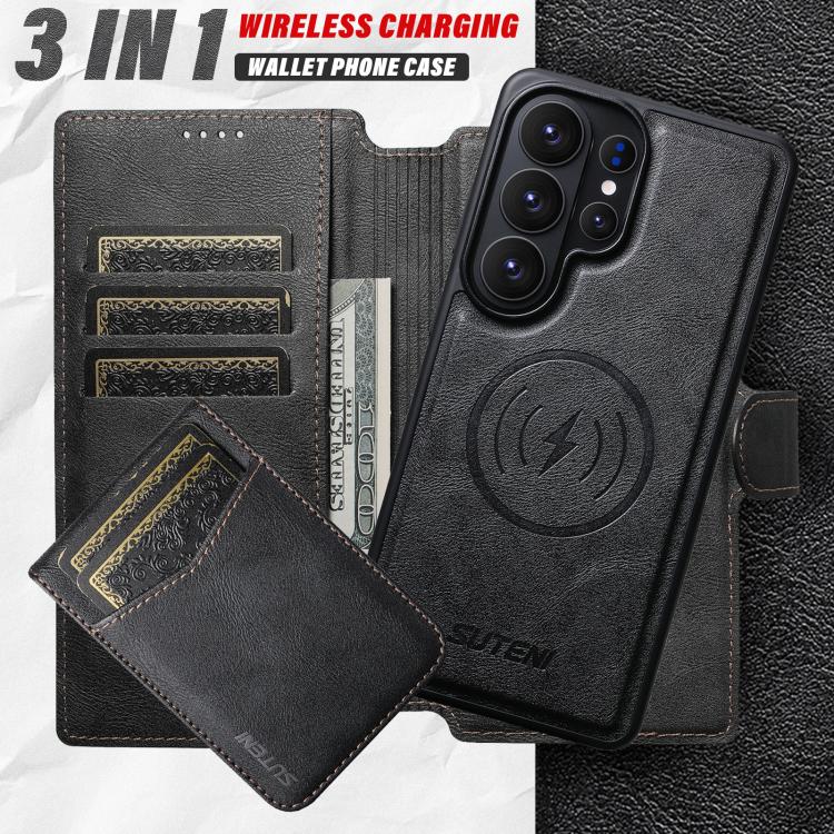 For Samsung Galaxy S23 Ultra 5G Suteni Q05S5 3-in-1 Detachable Bottle Opener Card Bag Magnetic Cowhide Vegan Leather Phone Case