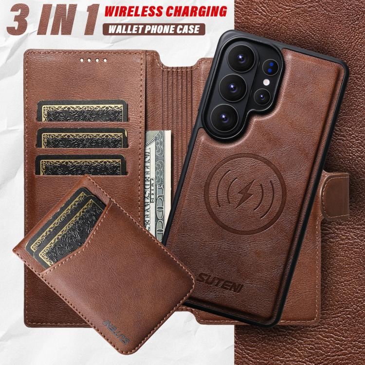 For Samsung Galaxy S22 Ultra 5G Suteni Q05S5 3-in-1 Detachable Bottle Opener Card Bag Magnetic Cowhide Vegan Leather Phone Case