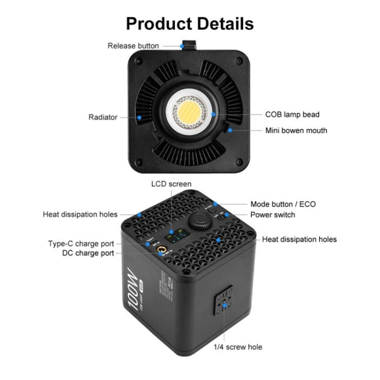 VLOGLITE P100RGB 2700K-6500K Rechargeable Studio Lighting Wireless Photography 100W COB Lamp