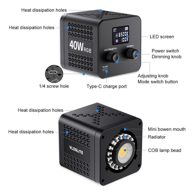 VLOGLITE P40RGB Photography 40W COB RGB Video Light 20 Effects Modes Studio Video Lamp