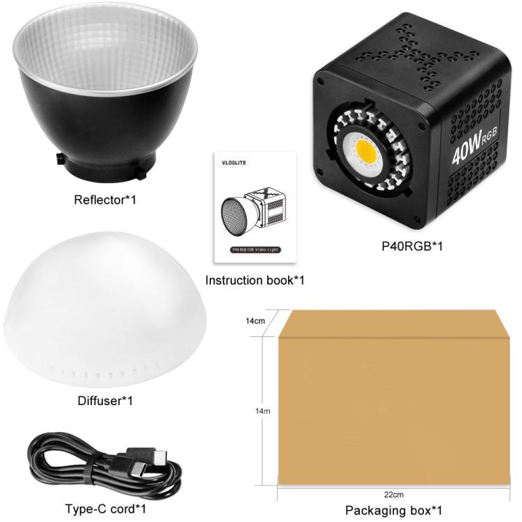 VLOGLITE P40RGB Photography 40W COB RGB Video Light 20 Effects Modes Studio Video Lamp