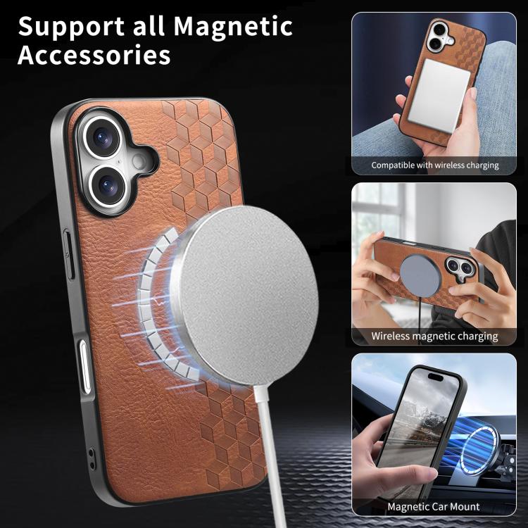 For iPhone 16 3D Grid Texture PU Magnetic Shockproof Phone Case