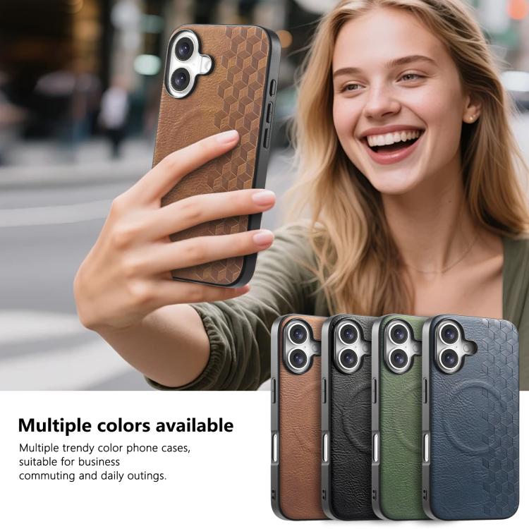 For iPhone 16 3D Grid Texture PU Magnetic Shockproof Phone Case