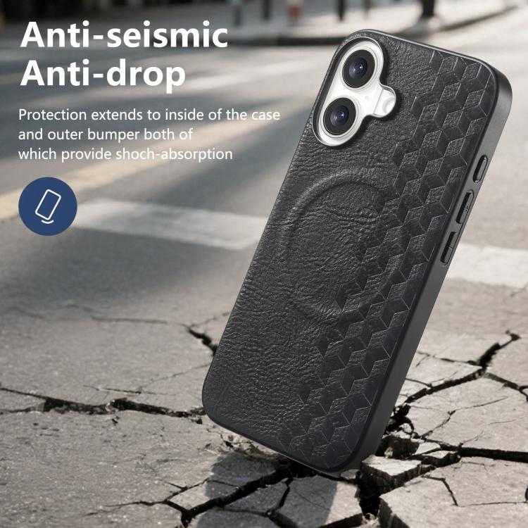 For iPhone 16 3D Grid Texture PU Magnetic Shockproof Phone Case