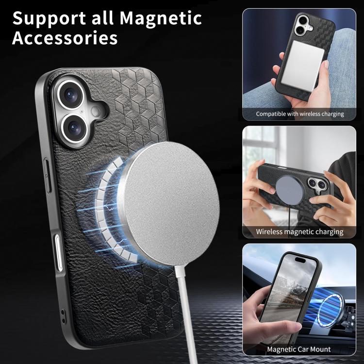 For iPhone 16 3D Grid Texture PU Magnetic Shockproof Phone Case