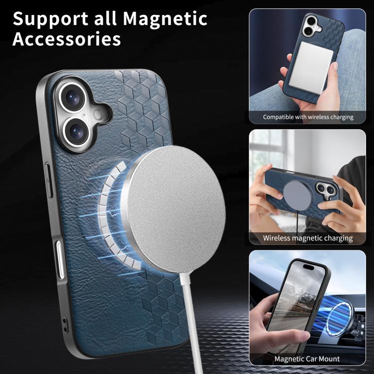 For iPhone 16 3D Grid Texture PU Magnetic Shockproof Phone Case