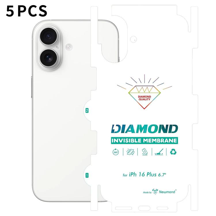 For iPhone 16 Plus 5pcs Diamond Invisible Back Transparent HD Full-Coverage Hydrogel Film