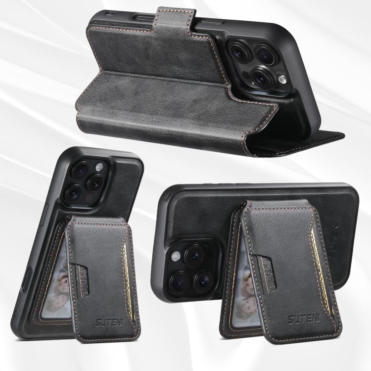 For iPhone 16 Plus Suteni Q07S3 Left-Right Splicing Cowhide Pattern Flip Side Card Wallet Removable Magnetic Phone Case