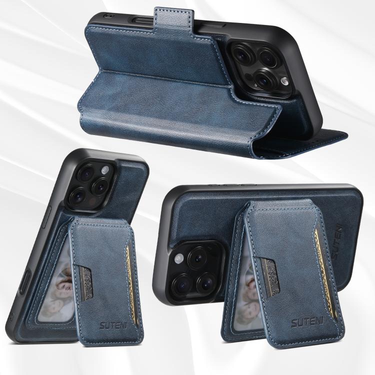 For iPhone 16 Plus Suteni Q07S3 Left-Right Splicing Cowhide Pattern Flip Side Card Wallet Removable Magnetic Phone Case