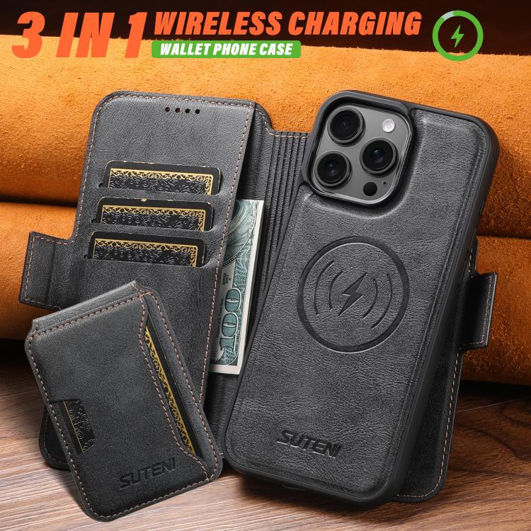 For iPhone 16 Suteni Q07S3 Left-Right Splicing Cowhide Pattern Flip Side Card Wallet Removable Magnetic Phone Case
