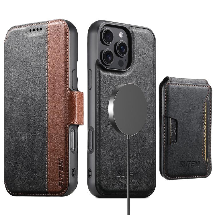 For iPhone 15 Pro Max Suteni Q07S3 Left-Right Splicing Cowhide Pattern Flip Side Card Wallet Removable Magnetic Phone Case