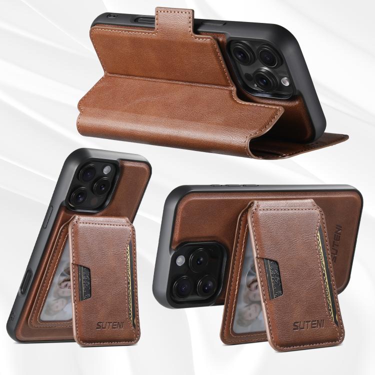 For iPhone 15 Pro Max Suteni Q07S3 Left-Right Splicing Cowhide Pattern Flip Side Card Wallet Removable Magnetic Phone Case