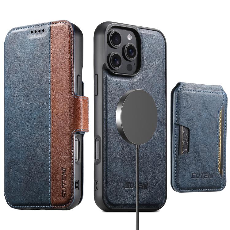 For iPhone 15 Plus Suteni Q07S3 Left-Right Splicing Cowhide Pattern Flip Side Card Wallet Removable Magnetic Phone Case