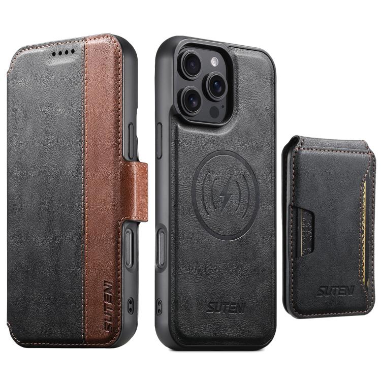 For iPhone 14 Plus Suteni Q07S3 Left-Right Splicing Cowhide Pattern Flip Side Card Wallet Removable Magnetic Phone Case