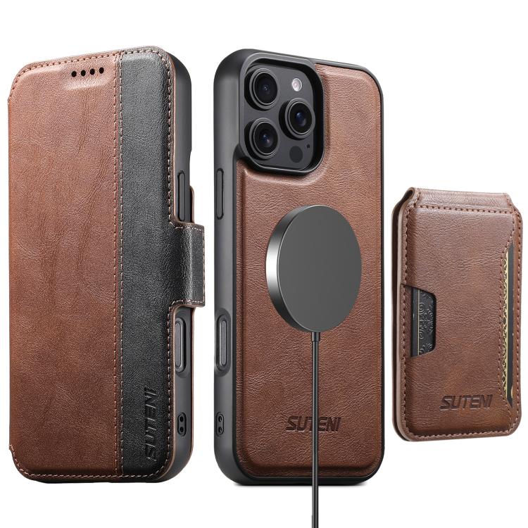For iPhone 14 Pro Suteni Q07S3 Left-Right Splicing Cowhide Pattern Flip Side Card Wallet Removable Magnetic Phone Case