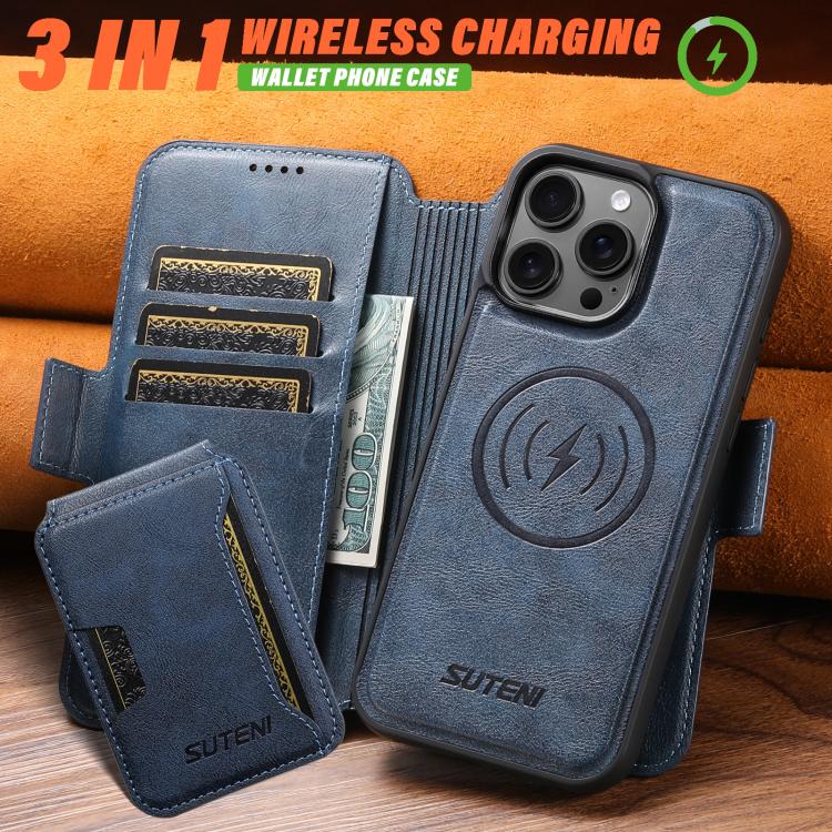For iPhone 13 Pro Suteni Q07S3 Left-Right Splicing Cowhide Pattern Flip Side Card Wallet Removable Magnetic Phone Case