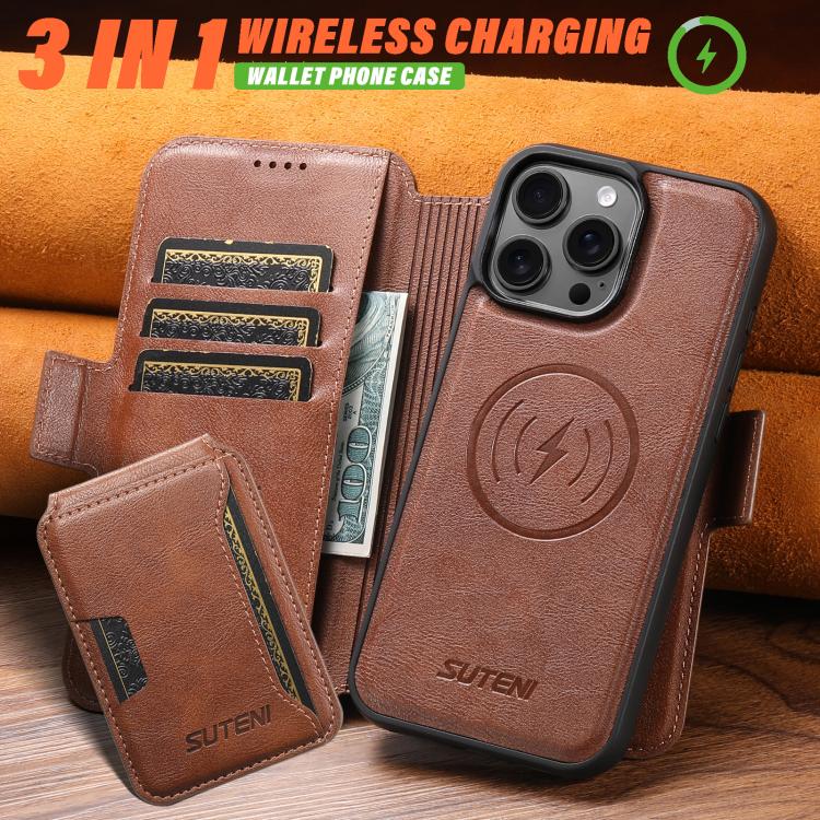 For iPhone 12 Suteni Q07S3 Left-Right Splicing Cowhide Pattern Flip Side Card Wallet Removable Magnetic Phone Case