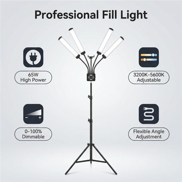 HD-150XJ 3200K-5600K Adjustable Remote Control 65W LED Photography Light 4-Arm Fill Light, Plug:US Plug