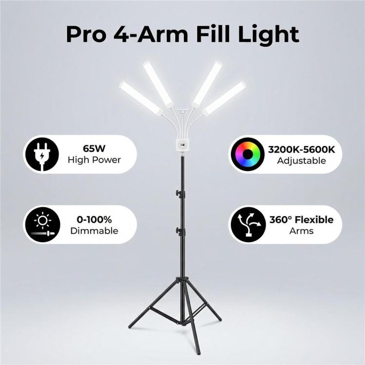 HD-150XJ 3200K-5600K Adjustable Remote Control 65W LED Photography Light 4-Arm Fill Light, Plug:US Plug