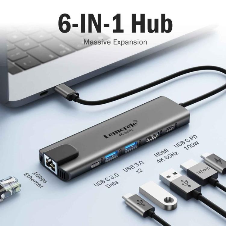 Lemorele TC44L 6 in 1 Docking Station 4K Visual Output Dual Card 100W PD Portable Connector