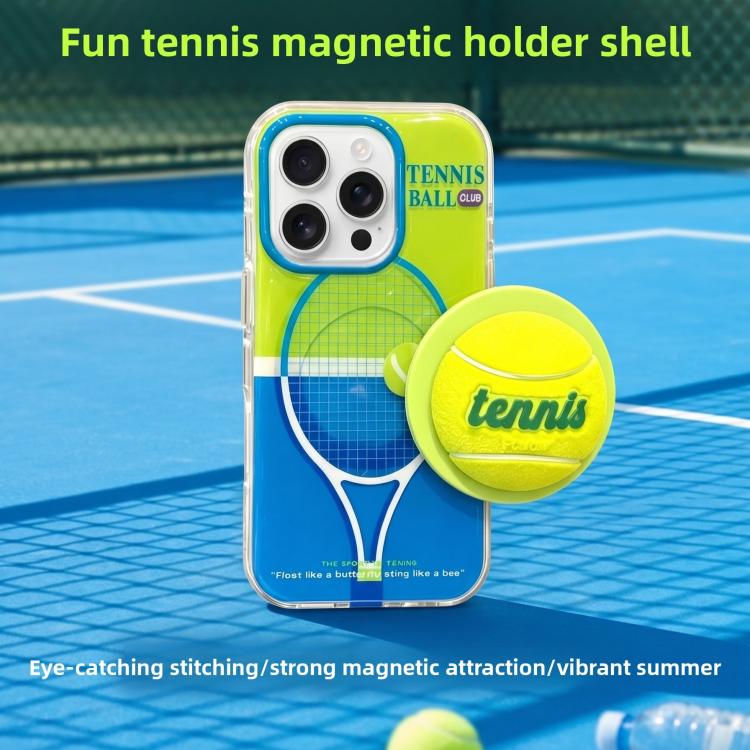 For iPhone 16 Pro Fun Summer Striped Tennis Magnetic Holer Phone Case - Green Blue