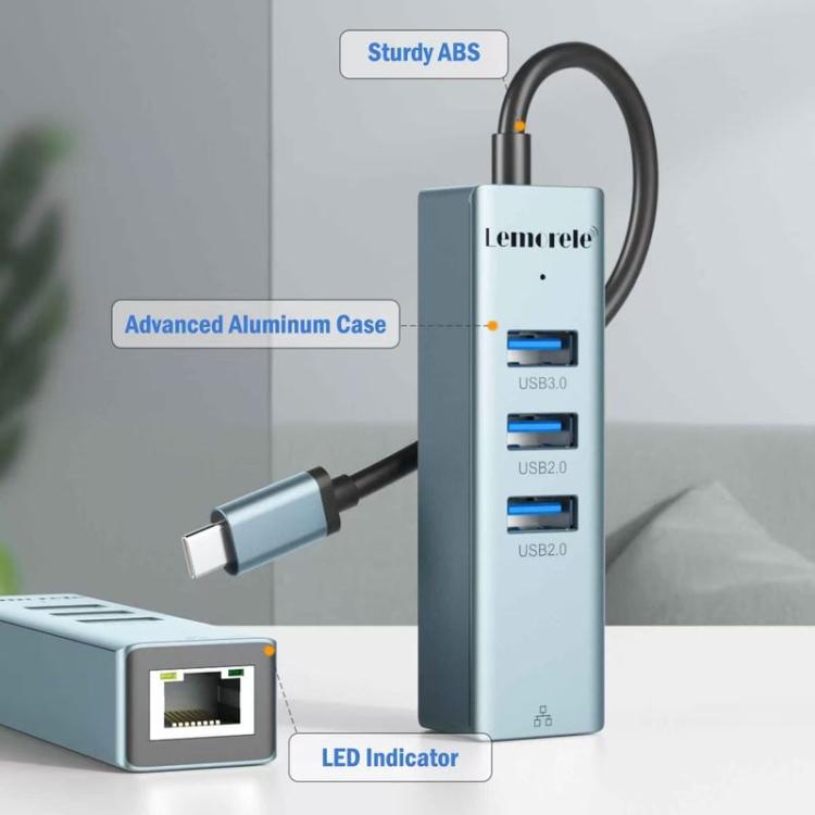 Lemorele TC43L 4 in 1 Type-C Hub Gigabit RJ45 1×USB3.0 and 2×USB2.0 Adapte