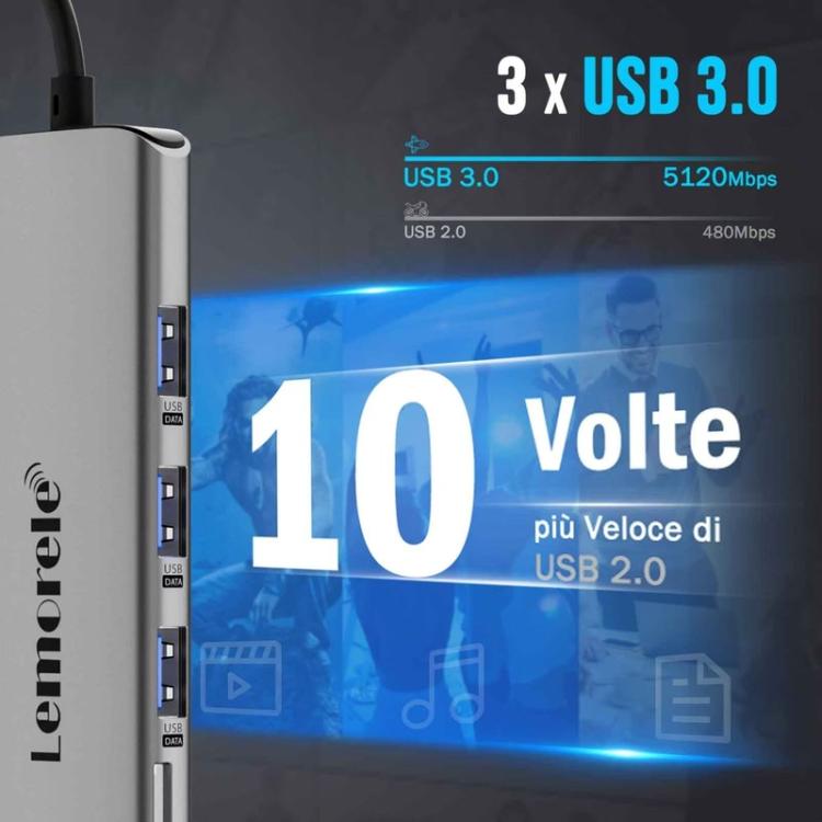 Lemorele TC38L 8 in 1 Type-C Docking Station HDMI-compatible Gigabit PD Charging Adapter