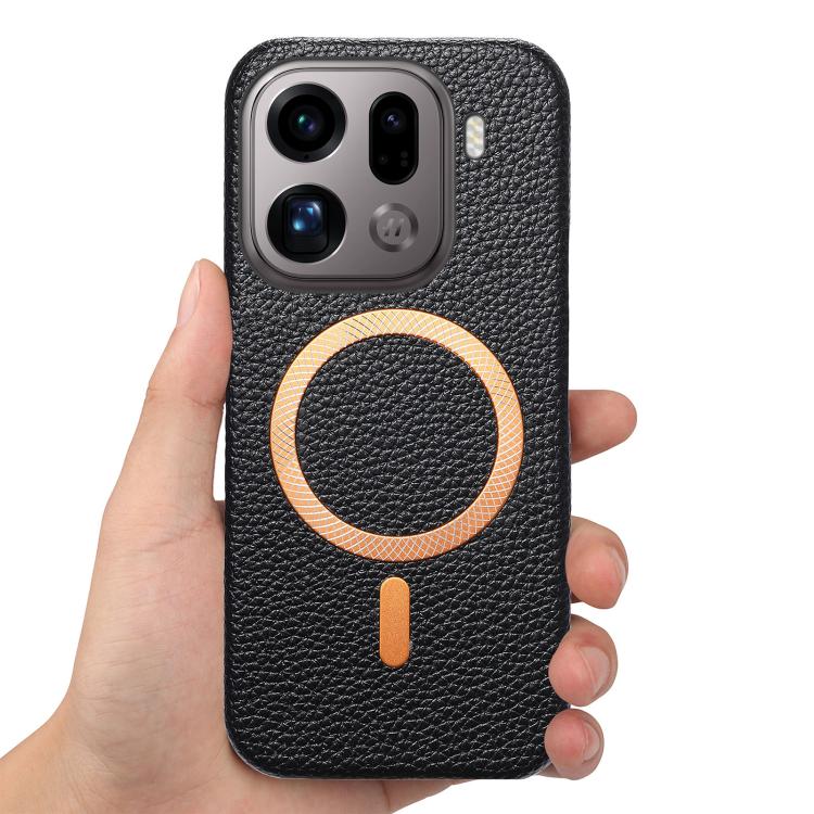 For OPPO Find X9 Pro Litchi Texture Brushed MagSafe PU Back Cover Phone Case