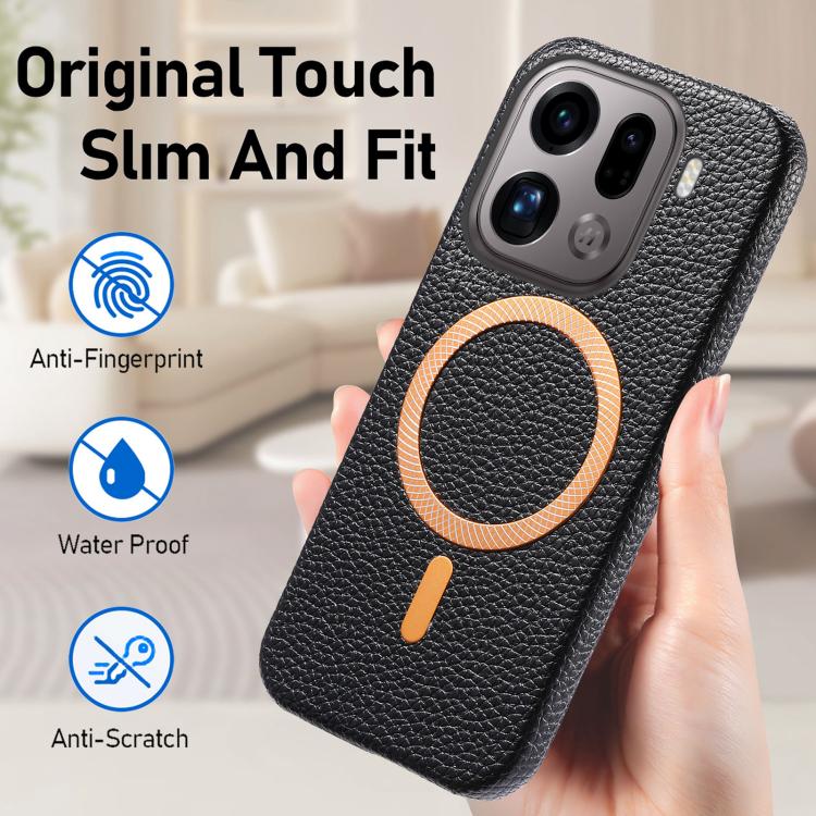 For OPPO Find X9 Pro Litchi Texture Brushed MagSafe PU Back Cover Phone Case