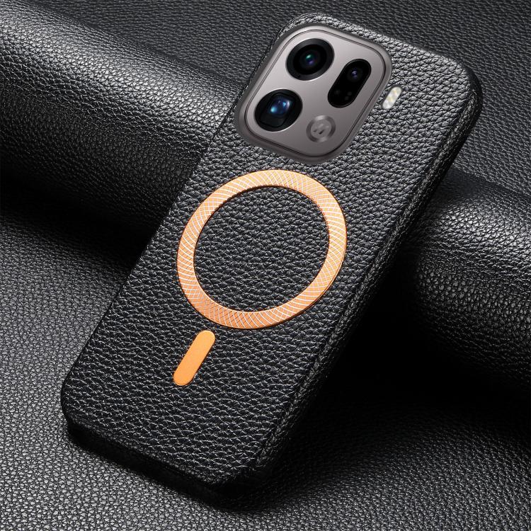 For OPPO Find X9 Pro Litchi Texture Brushed MagSafe PU Back Cover Phone Case