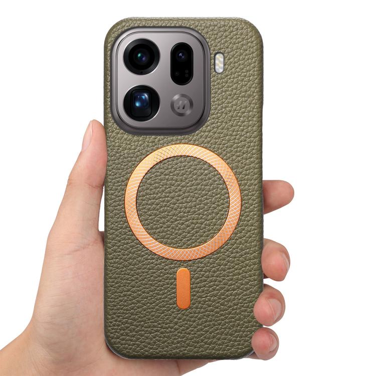 For OPPO Find X9 Pro Litchi Texture Brushed MagSafe PU Back Cover Phone Case